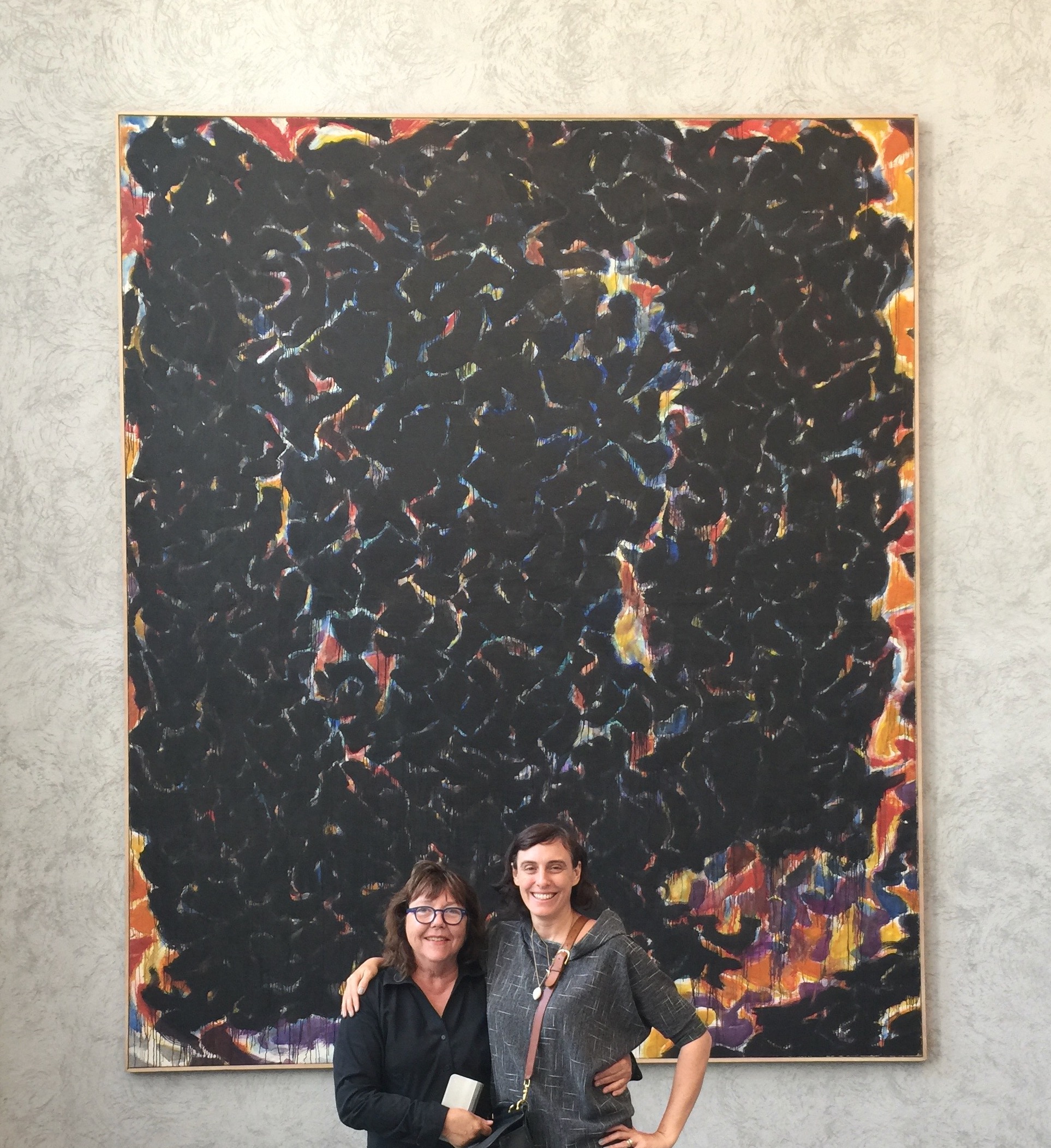 Debra Burchett-Lere, Executive Director/President and Beth Ann Whittaker-Williams, Associate Director, viewing Sam Francis, Deep Orange and Black, 1953–55, oil on canvas, Kunstmuseum Basel, Swizterland, 2017.