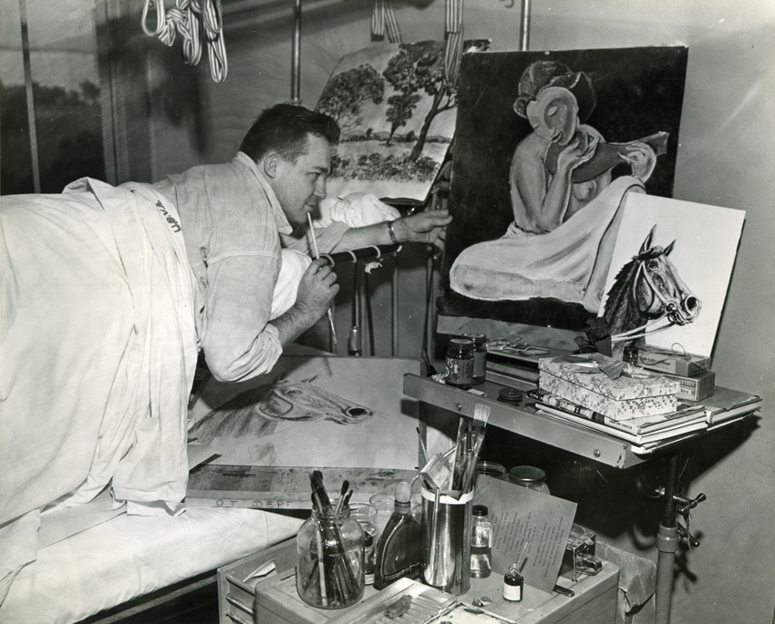 Newspaper photo of Francis painting in the "Bradford frame" hoisted above hospital bed at Fort Miley, March 18, 1946; photo by Acme, San Francisco Bureau.